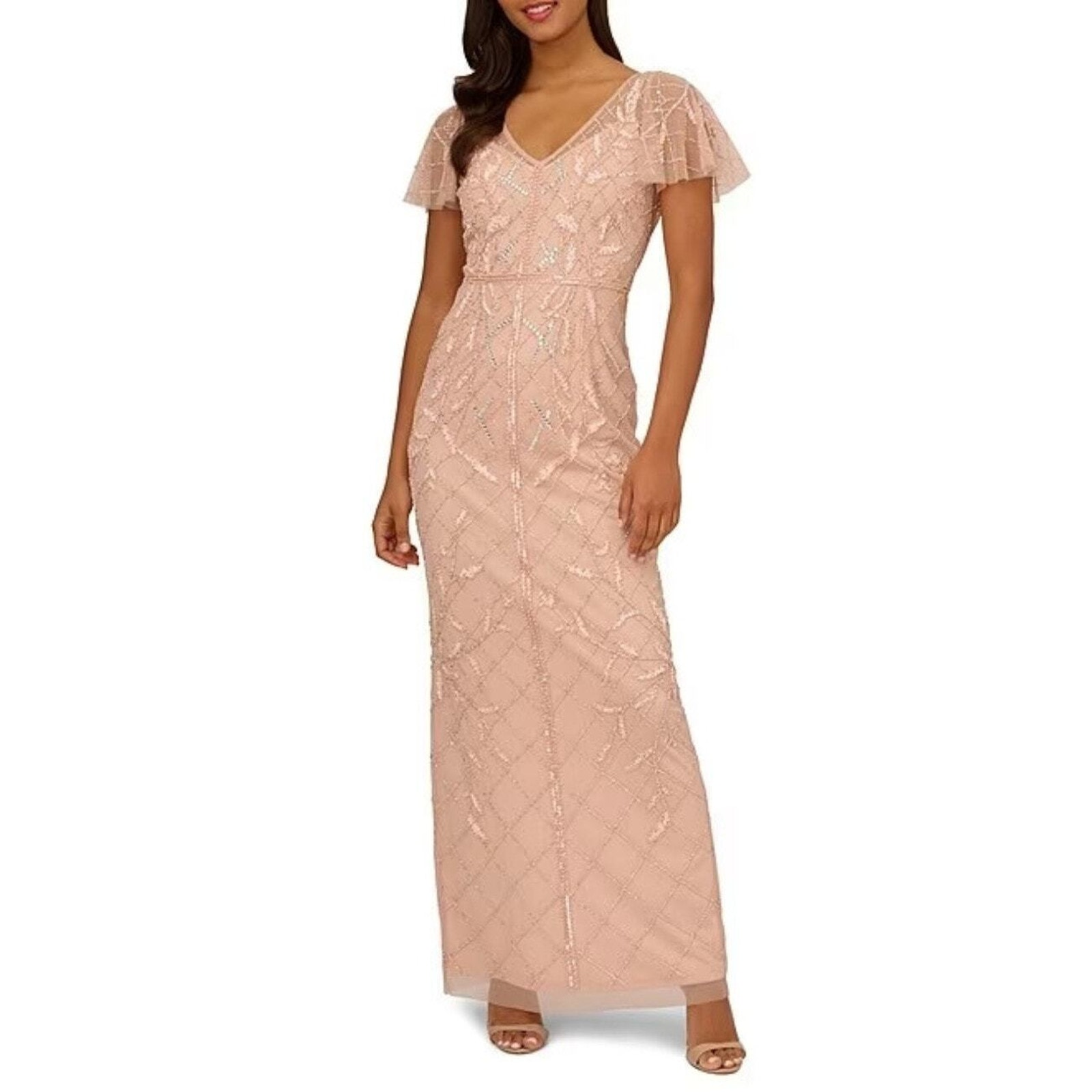 Adrianna Papell Women's V-Neck Flutter-Sleeve Beaded Gown, Blush Size 6